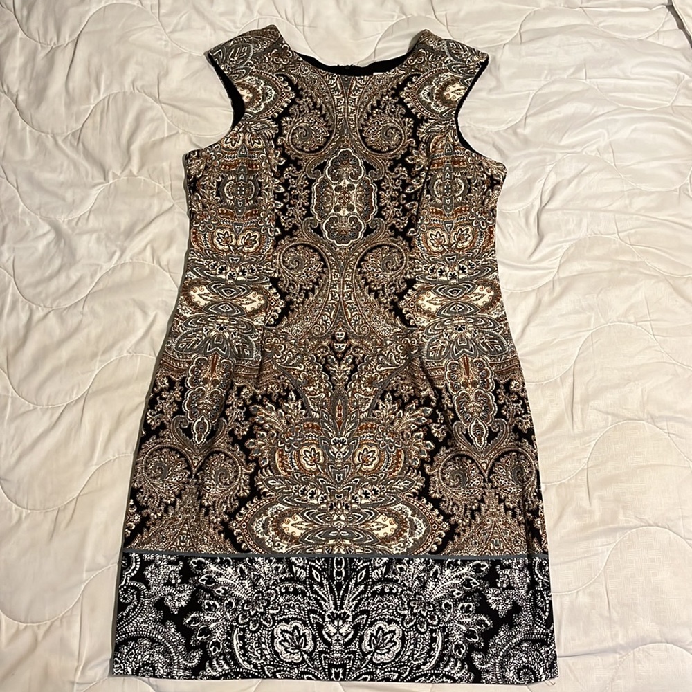 Beautiful paisley dress in neutral shades of black, cream, gray and brown